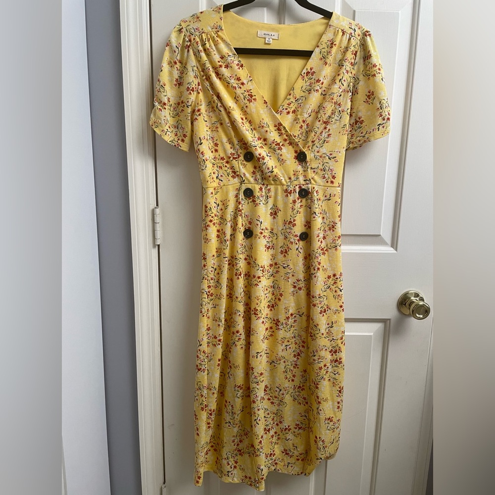 Gilli Womens Summer MIDI Floral Yellow Dress Sz Medium Lined